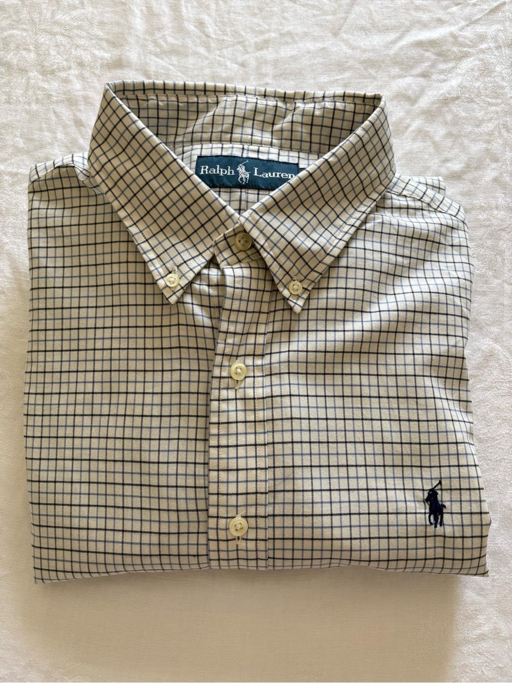NWT Ralph Lauren Beige Button-Down Shirt with Navy Windowpane